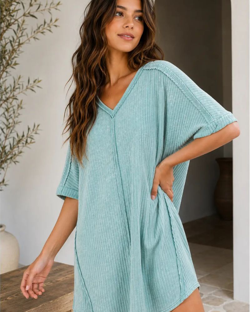 Ribbed Acid-Wash V-Neck Oversized Casual Dress — Effortless Everyday Style