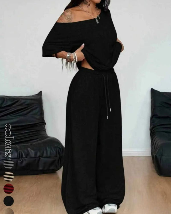 Chic Striped Off-Shoulder Two-Piece Set with Wide-Leg Pants