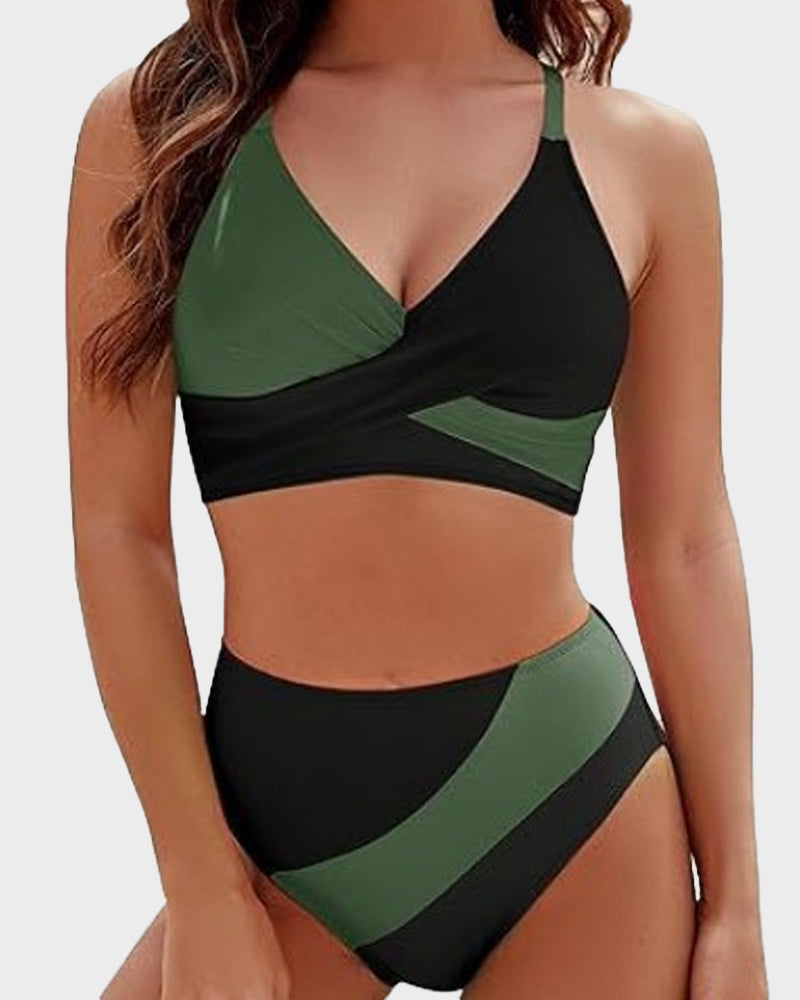Color-Block Crisscross Lace-Back Bikini Set