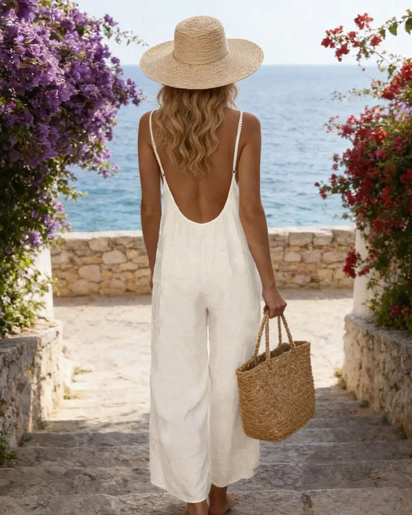 Chic Strappy Backless Wide-Leg Jumpsuit with Pockets