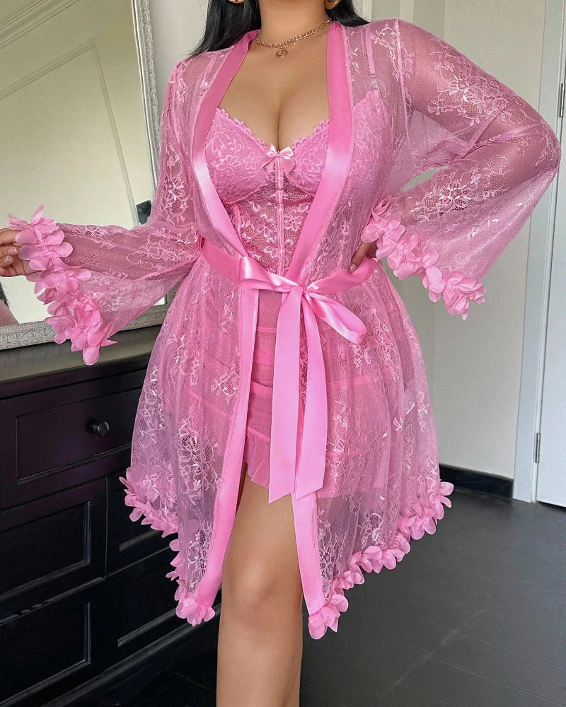 Plus-Size Lace Cami Nightgown Set with Floral Lace Trim and Sheer Robe with Wide Sleeves