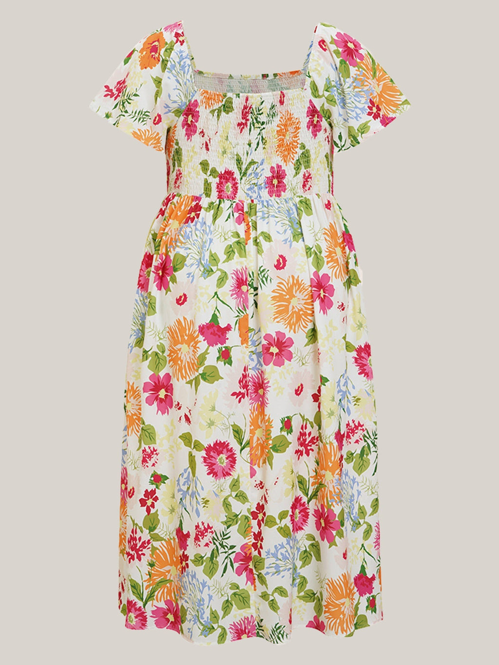Chic Floral Smocked Square-Neck Midi Dress with Pockets