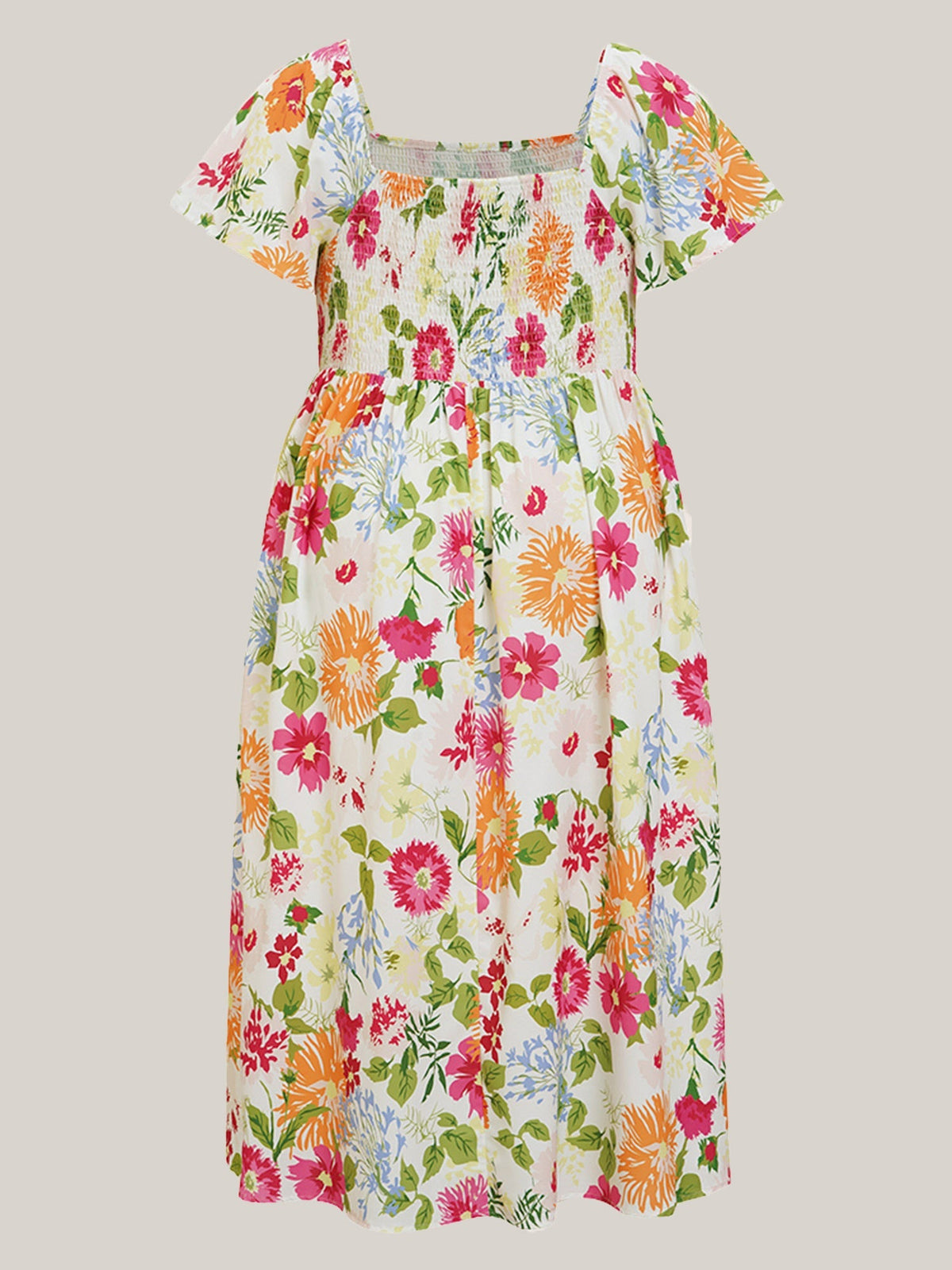 Chic Floral Smocked Square-Neck Midi Dress with Pockets