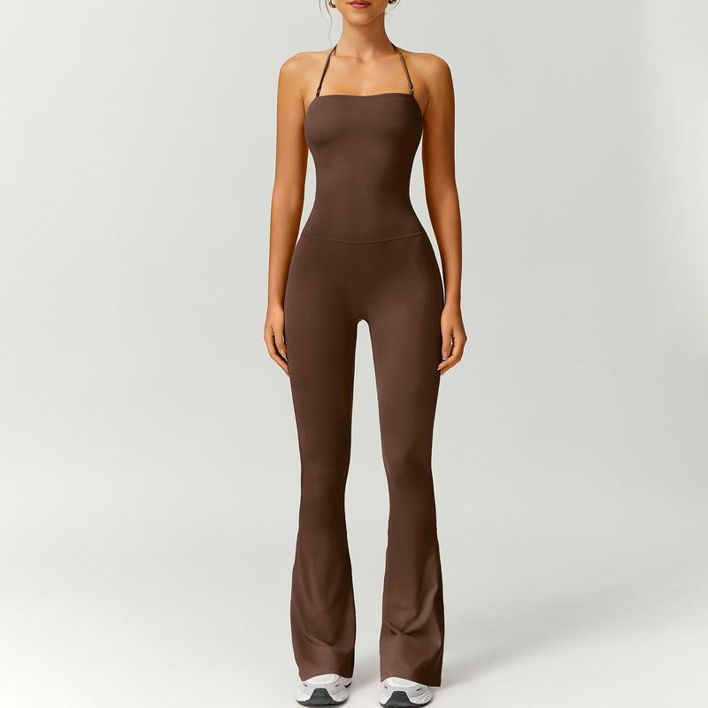 Women's Halter-Neck Bodycon Jumpsuit with Flare Legs – Ultra-Stretch, Butt-Lifting Activewear for a Sleek Silhouette