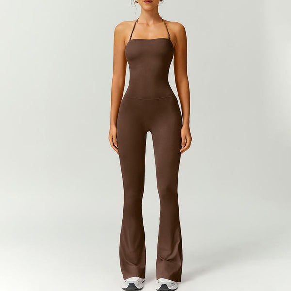 Women's Halter-Neck Bodycon Jumpsuit with Flare Legs – Ultra-Stretch, Butt-Lifting Activewear for a Sleek Silhouette