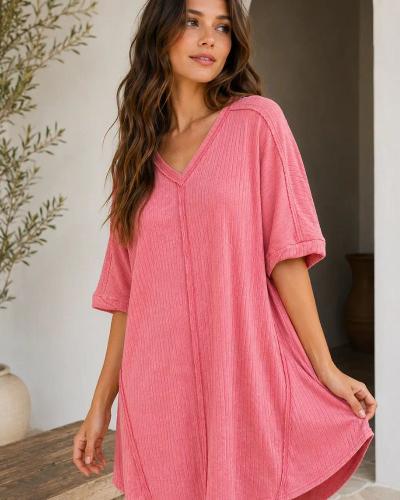 Ribbed Acid-Wash V-Neck Oversized Casual Dress — Effortless Everyday Style