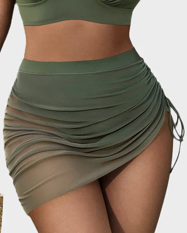 Mesh High-Waisted Tummy-Control Bikini Set with Sarong Wraps