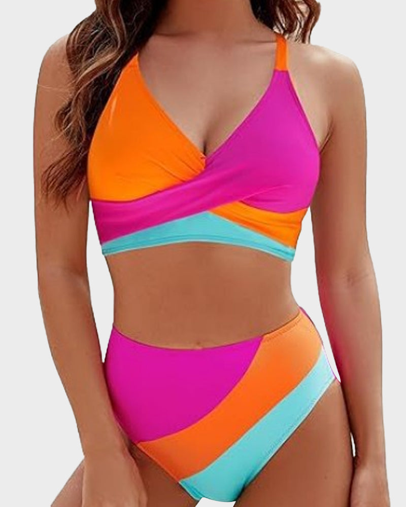 Color-Block Crisscross Lace-Back Bikini Set