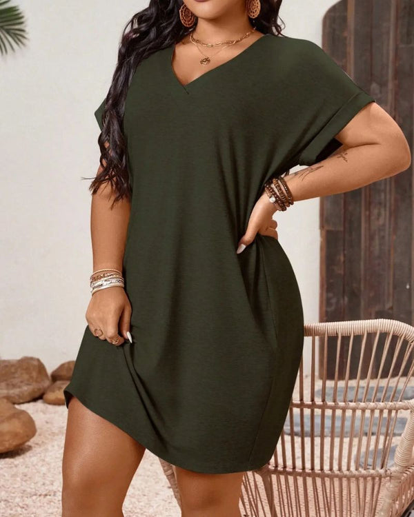 Chic Plus-Size V-Neck Batwing Sleeve T-Shirt Dress