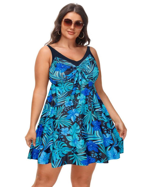 Plus Size Women's Two-Piece Swim Dress with Tummy Control - Floral Print Tankini Swimsuit Set with Boyshort Bottoms