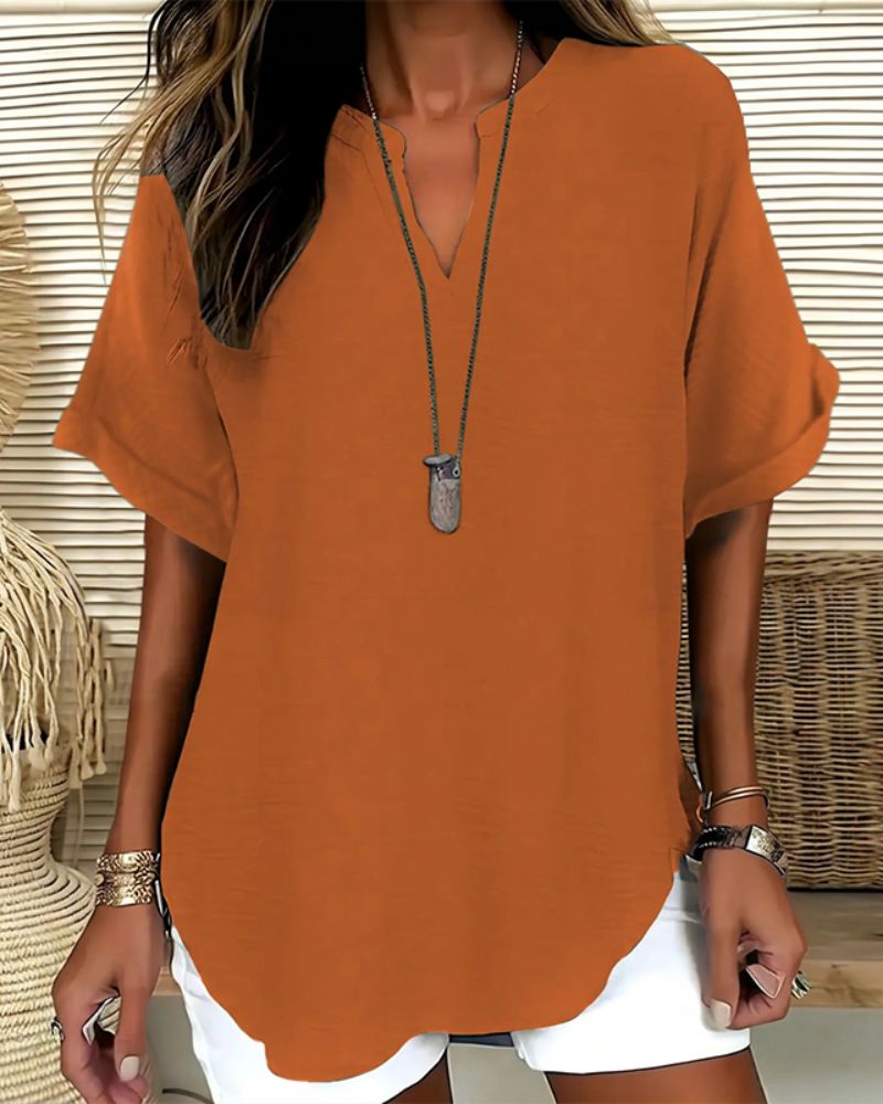 Effortless V-Neck Relaxed-Fit Short-Sleeve Blouse