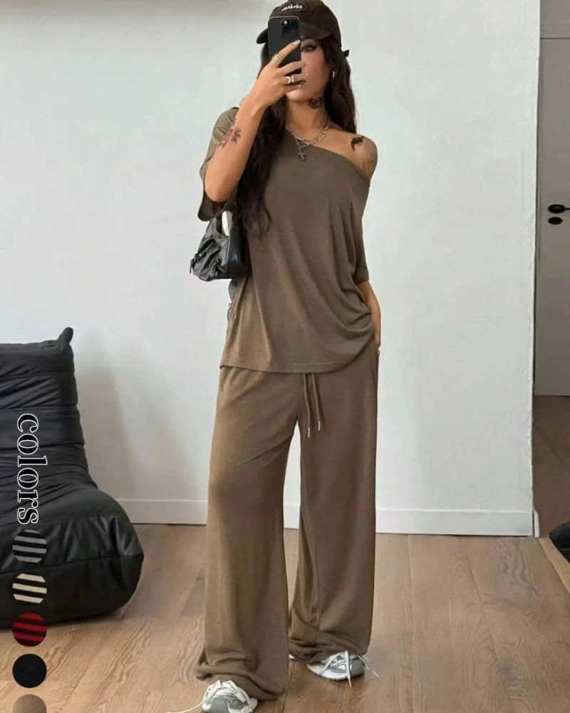 Chic Striped Off-Shoulder Two-Piece Set with Wide-Leg Pants