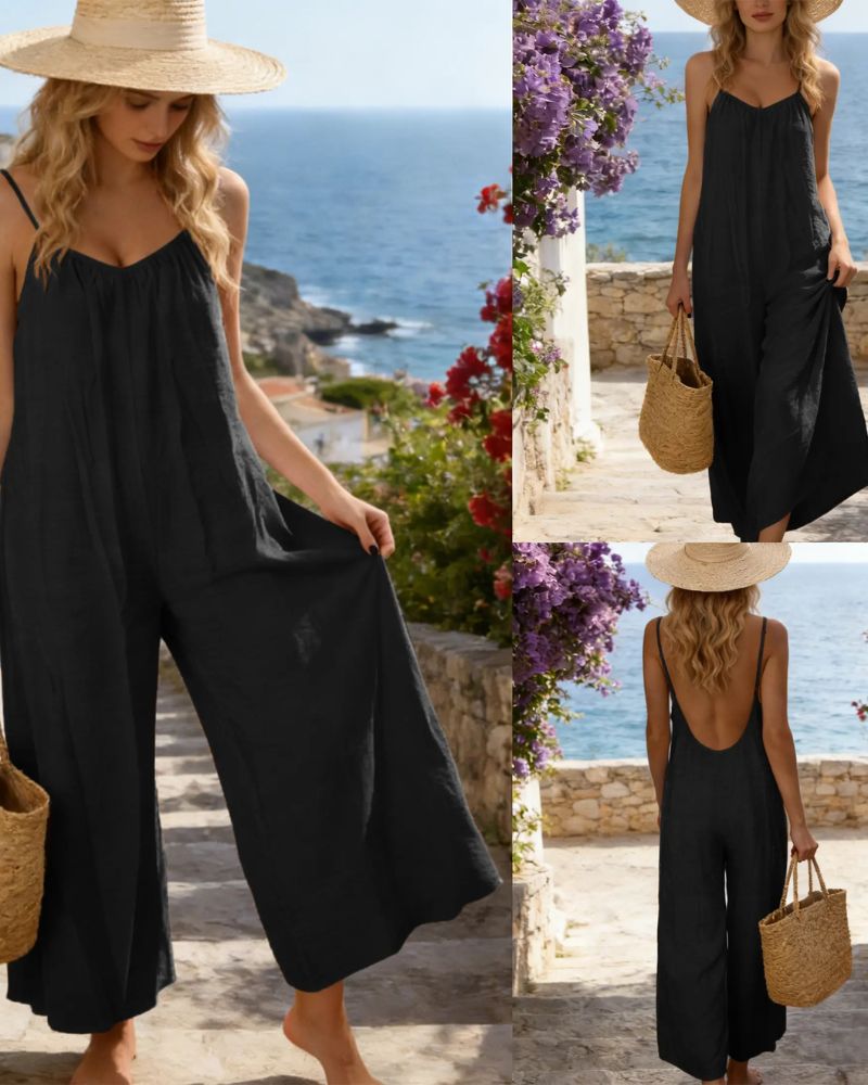 Chic Strappy Backless Wide-Leg Jumpsuit with Pockets