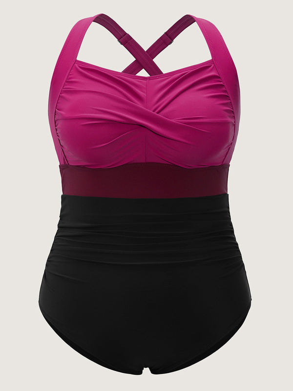 Figure-Flattering Contrast Twist-Front One-Piece Swimsuit with Tummy Control