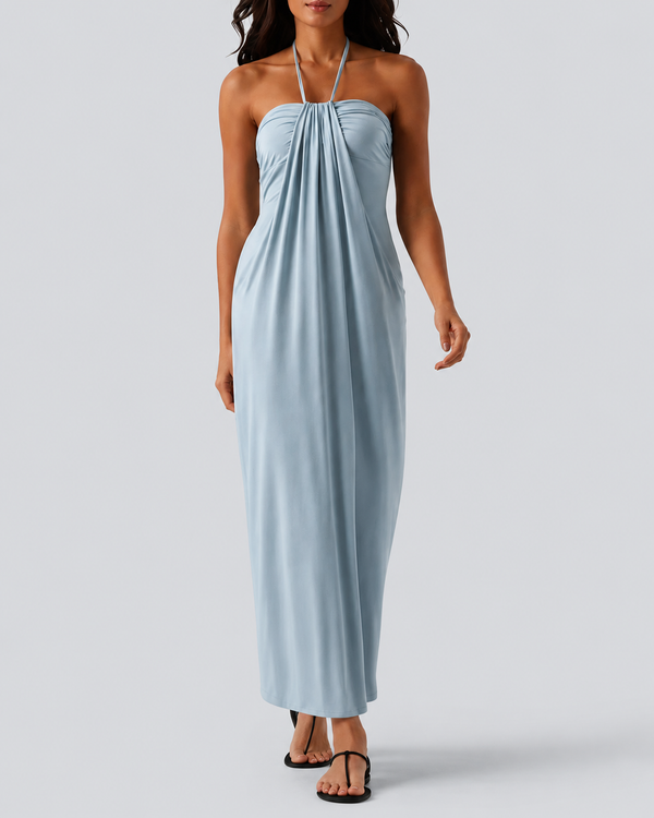 Chic Halter-Neck Maxi Dress with Adjustable Tie-Back and Convenient Side Pockets
