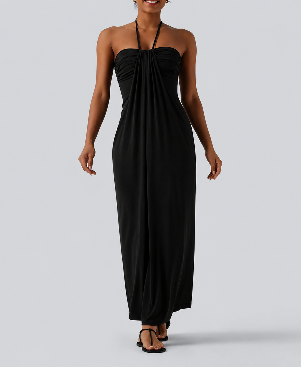 Chic Halter-Neck Maxi Dress with Adjustable Tie-Back and Convenient Side Pockets