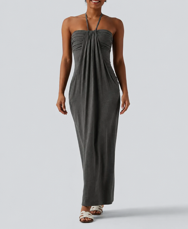 Chic Halter-Neck Maxi Dress with Adjustable Tie-Back and Convenient Side Pockets