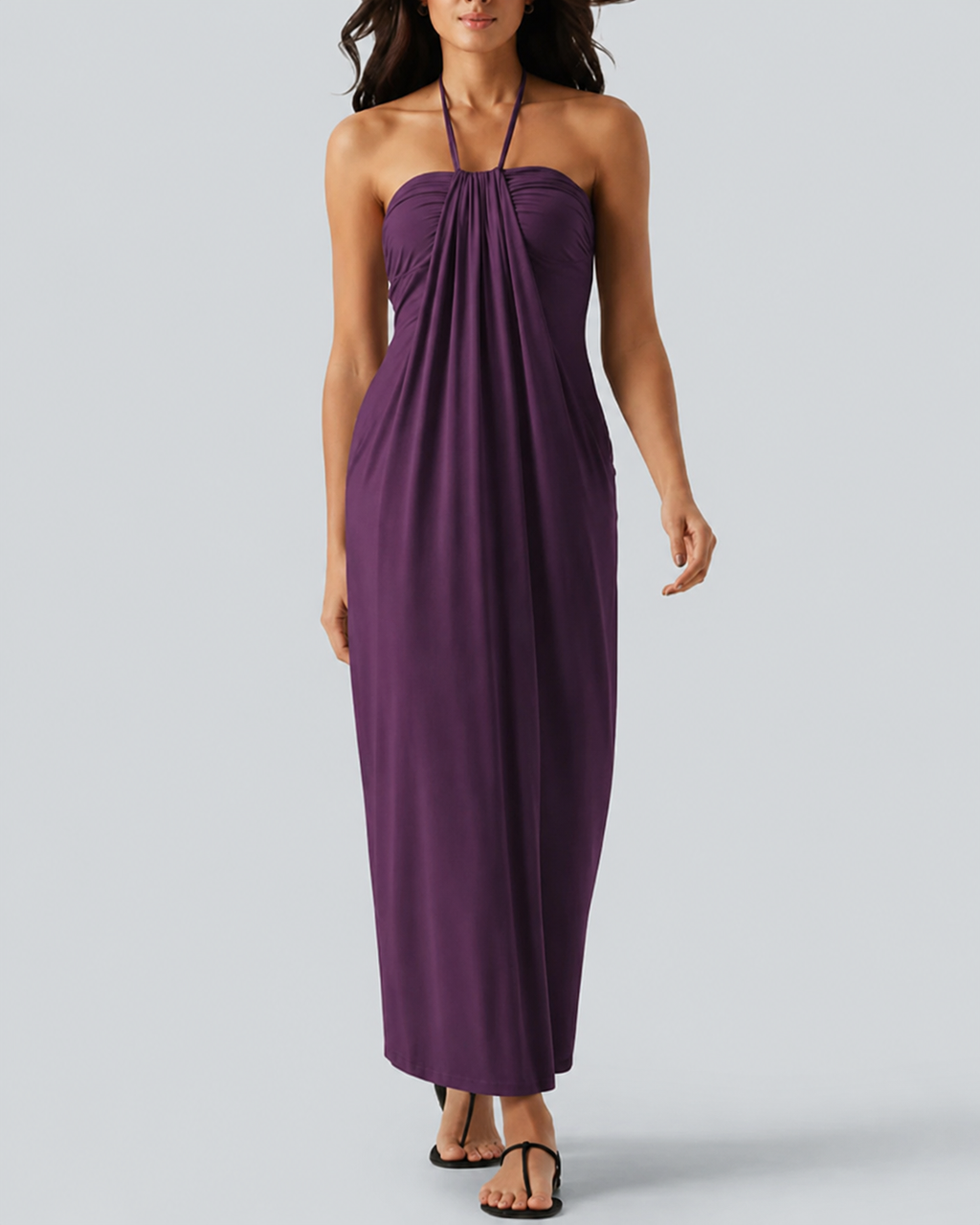 Chic Halter-Neck Maxi Dress with Adjustable Tie-Back and Convenient Side Pockets