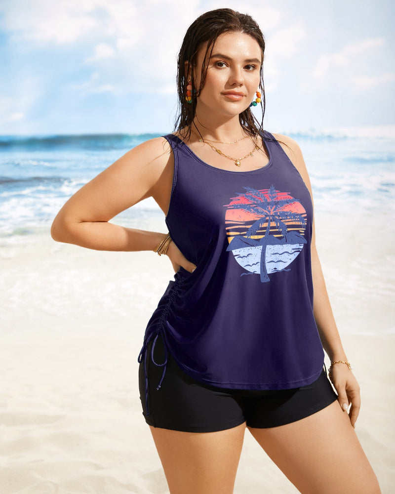 Vibrant Island-Print Adjustable Drawstring Swim Top