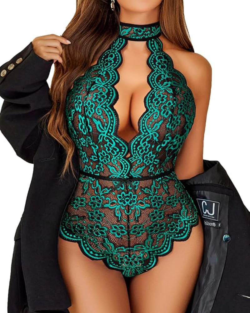 Plus Size Lace Teddy – Sultry Halter Crotchless Bodysuit for Curves