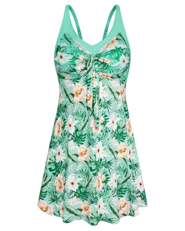 Plus Size Women's Two-Piece Swim Dress with Tummy Control - Floral Print Tankini Swimsuit Set with Boyshort Bottoms
