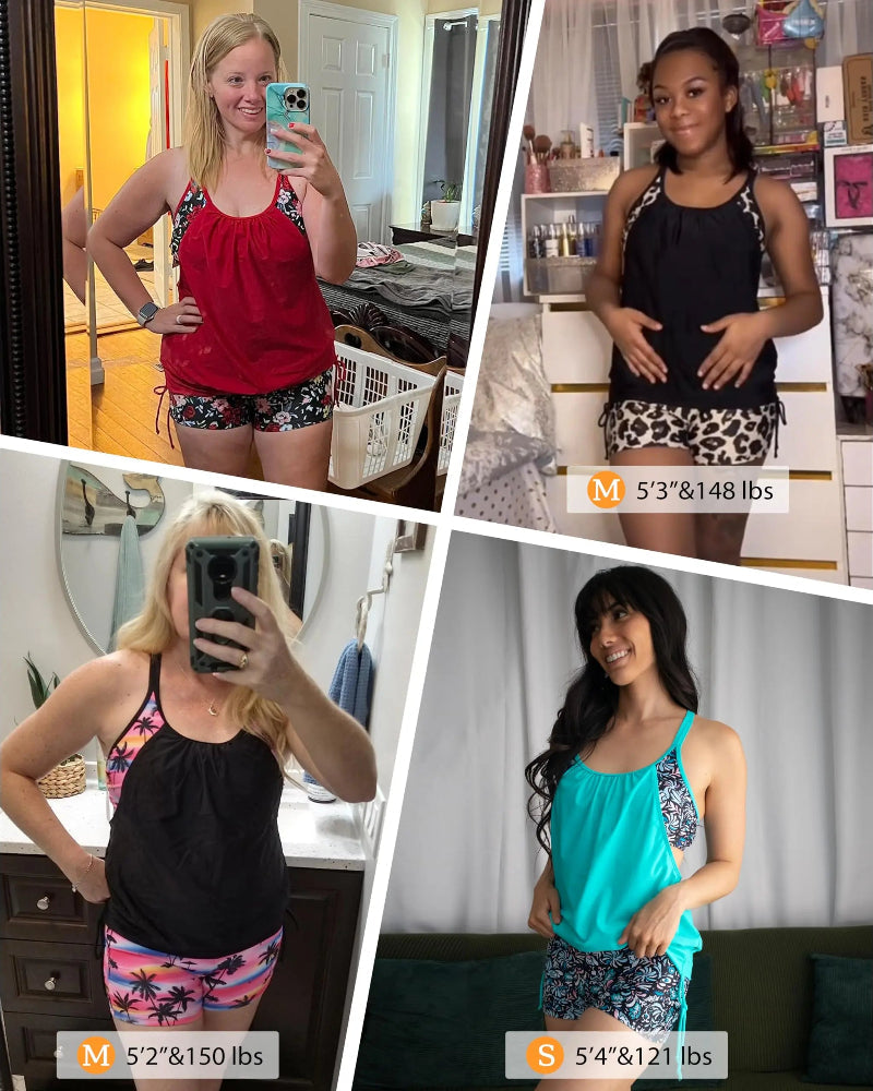 Flattering Two-Piece Blouson Tankini Swimsuit with Boyshorts