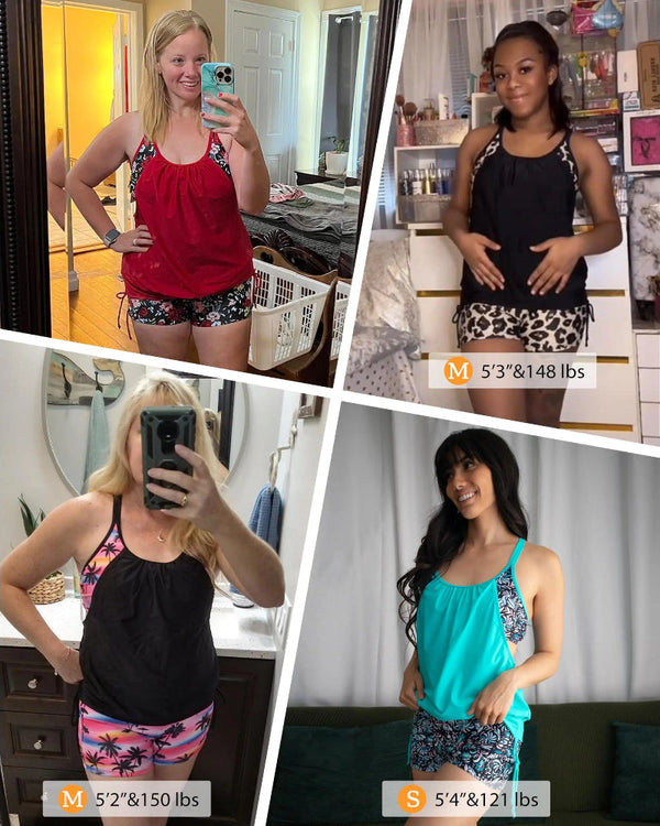 Flattering Two-Piece Blouson Tankini Swimsuit with Boyshorts