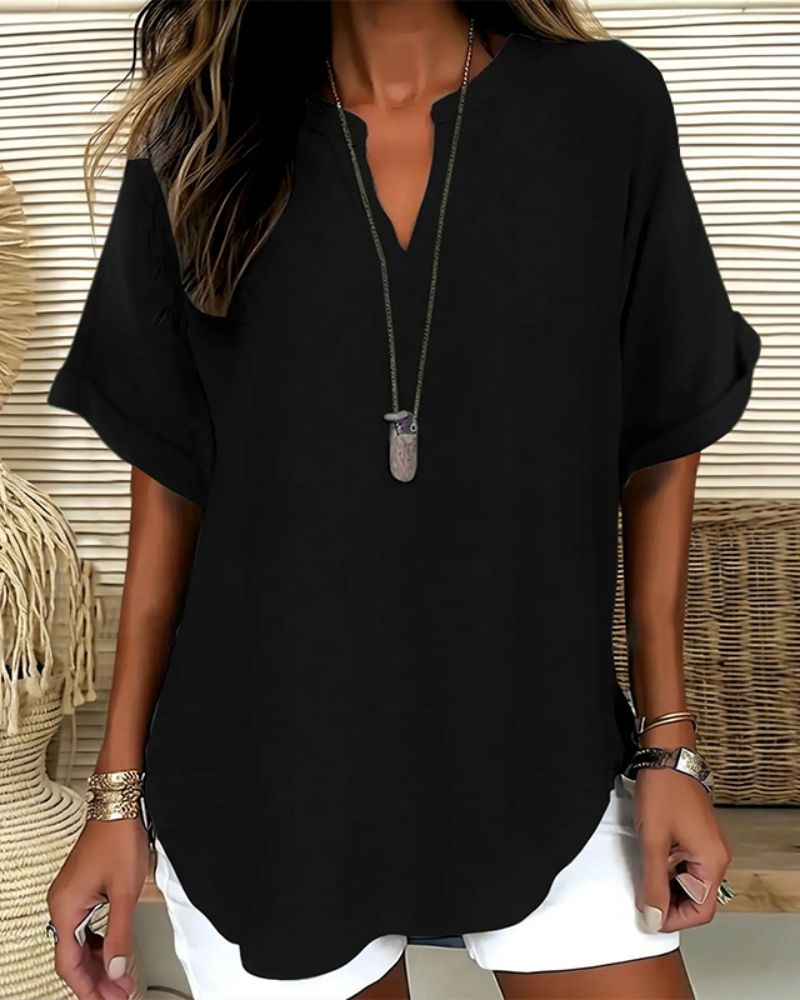 Effortless V-Neck Relaxed-Fit Short-Sleeve Blouse