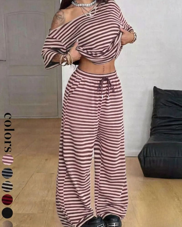 Chic Striped Off-Shoulder Two-Piece Set with Wide-Leg Pants