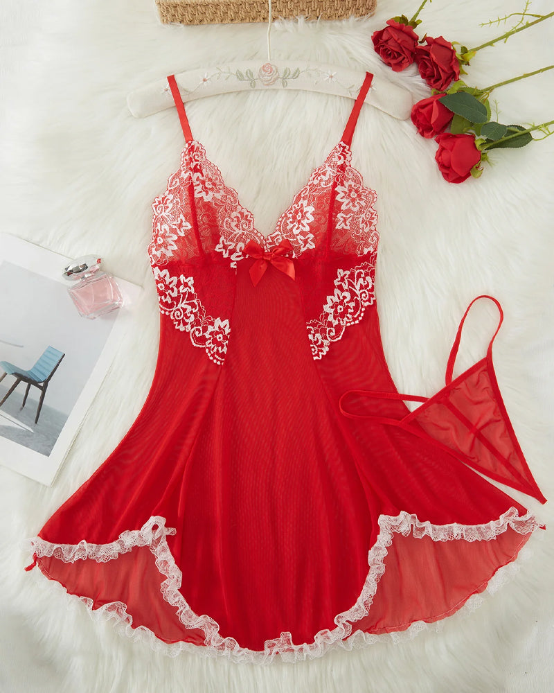 Alluring V-Neck Sheer Lace Nightgown with Matching G-String