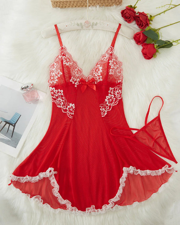 Alluring V-Neck Sheer Lace Nightgown with Matching G-String