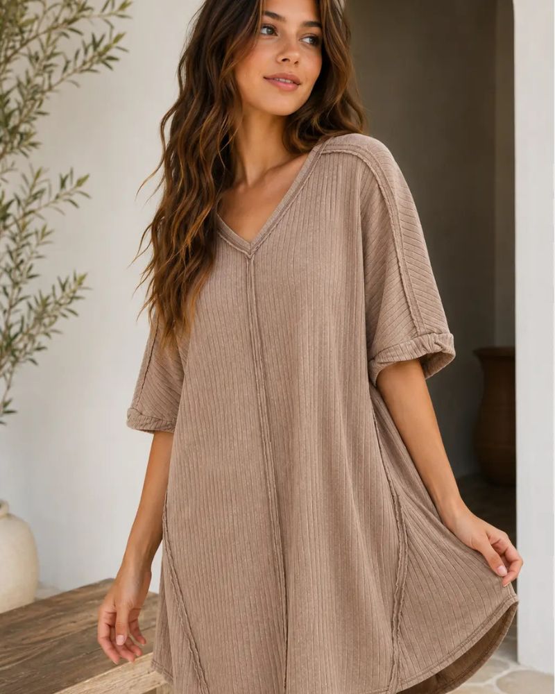 Ribbed Acid-Wash V-Neck Oversized Casual Dress — Effortless Everyday Style