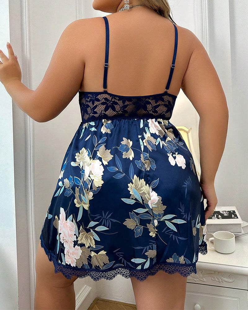 Plus Size Lace-Embroidered Floral Sheer Nightdress Set with Matching Thong