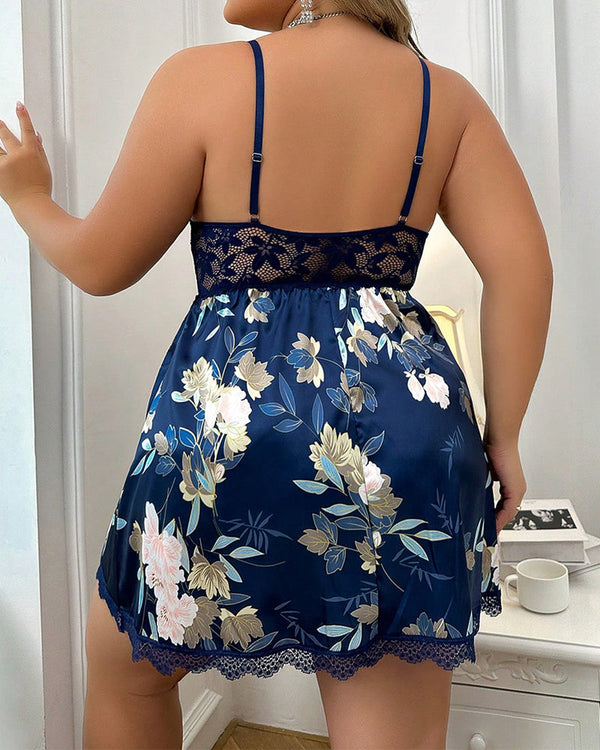 Plus Size Lace-Embroidered Floral Sheer Nightdress Set with Matching Thong