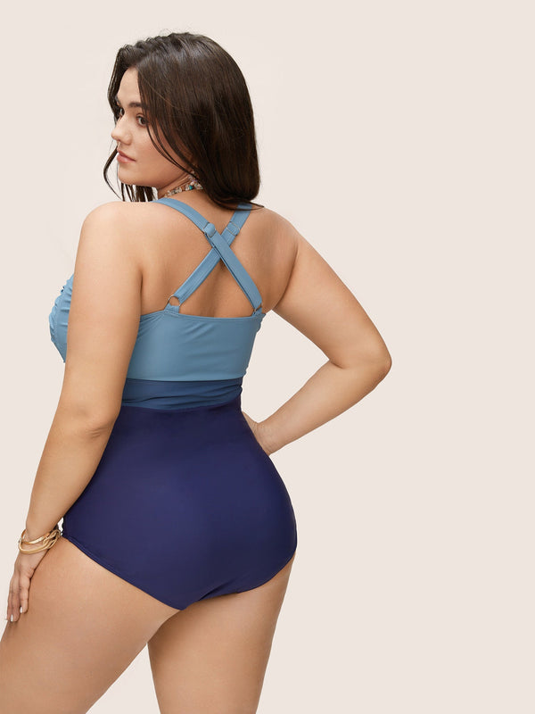 Figure-Flattering Contrast Twist-Front One-Piece Swimsuit with Tummy Control