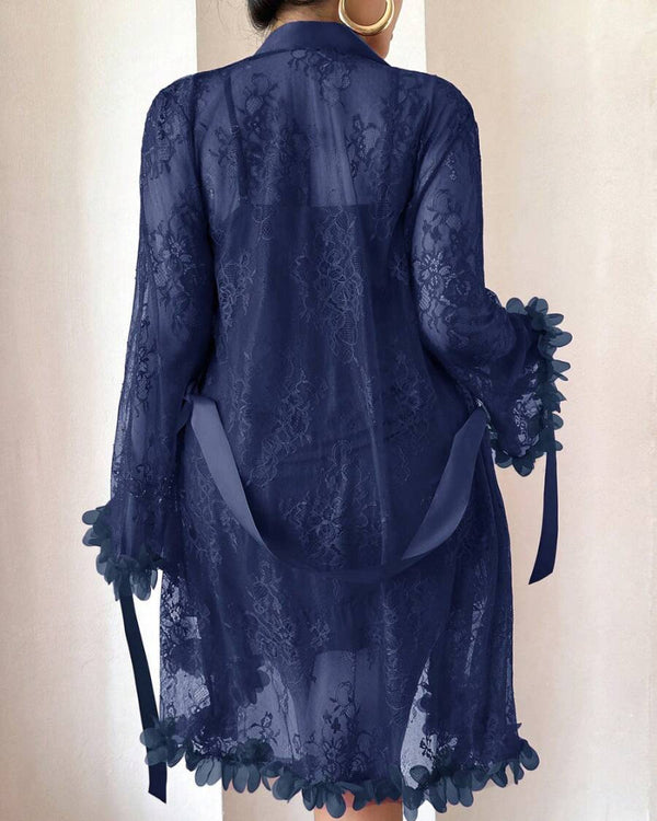 Plus-Size Lace Cami Nightgown Set with Floral Lace Trim and Sheer Robe with Wide Sleeves