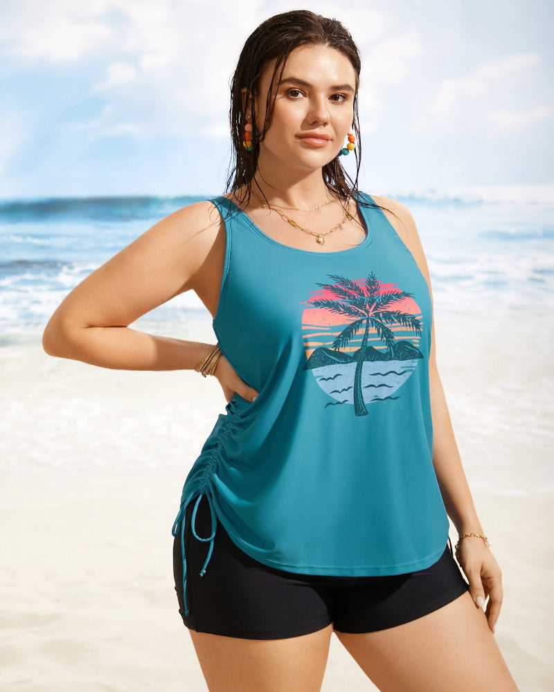 Vibrant Island-Print Adjustable Drawstring Swim Top
