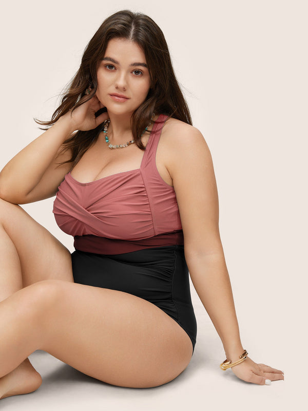 Figure-Flattering Contrast Twist-Front One-Piece Swimsuit with Tummy Control