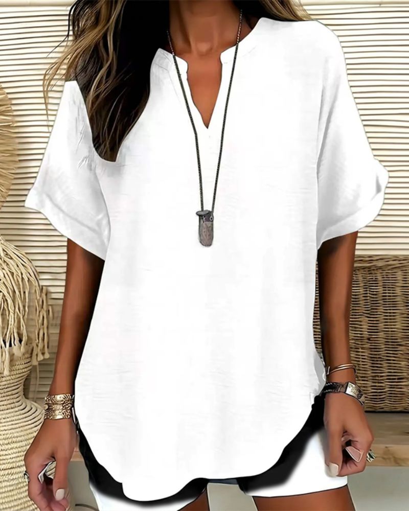 Effortless V-Neck Relaxed-Fit Short-Sleeve Blouse