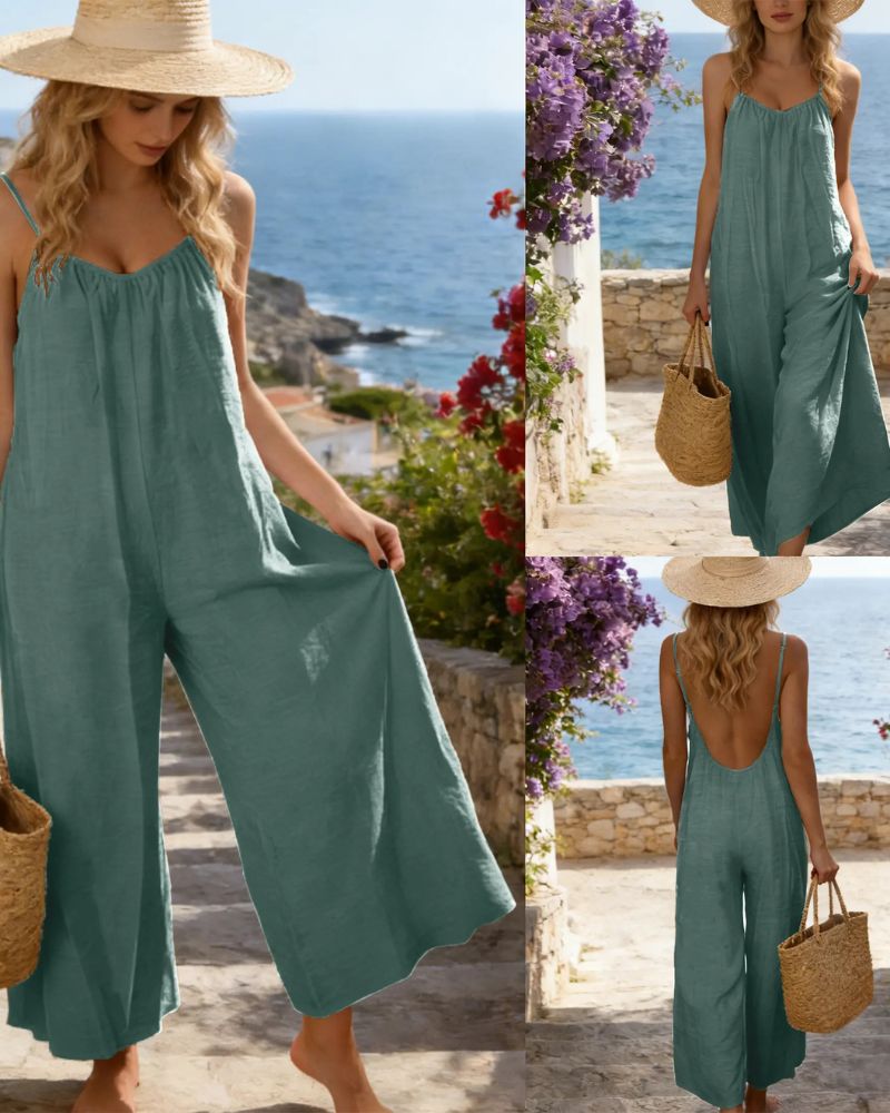 Chic Strappy Backless Wide-Leg Jumpsuit with Pockets