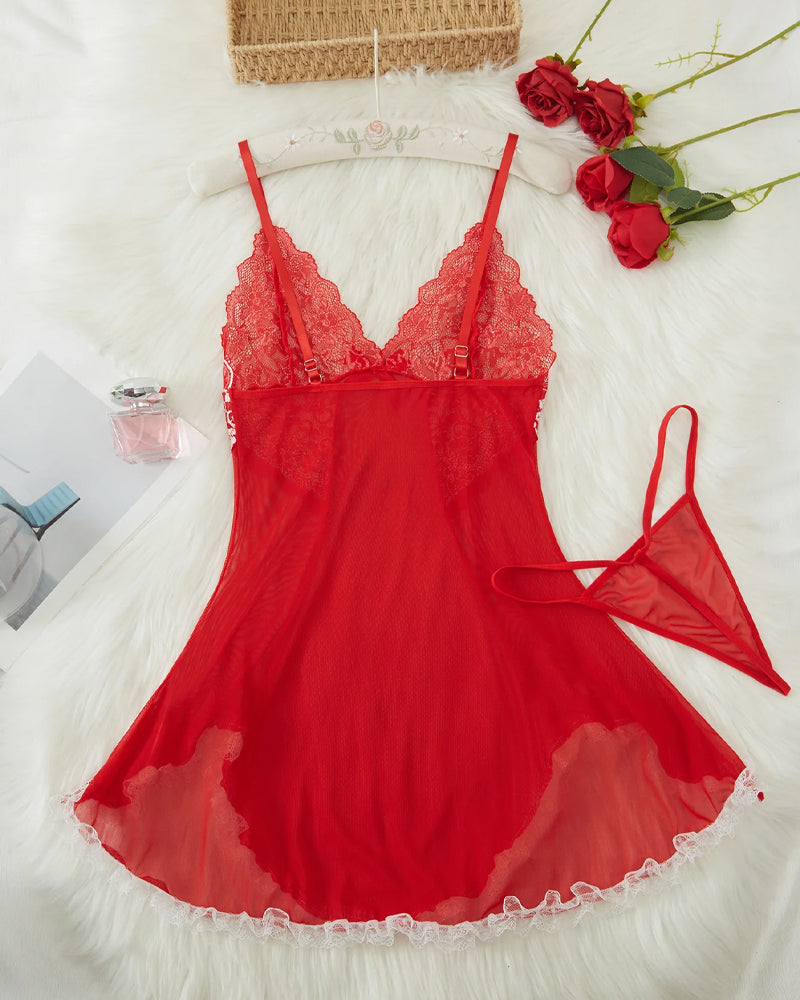 Alluring V-Neck Sheer Lace Nightgown with Matching G-String