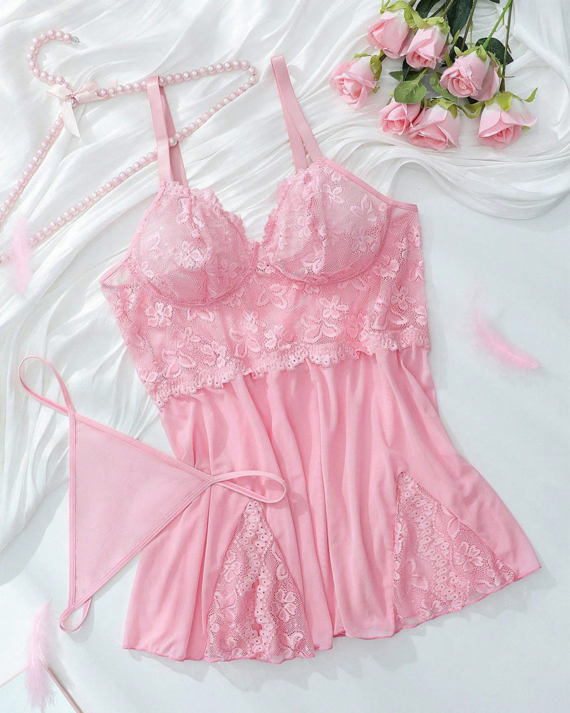 Sultry Plus-Size Lace & Mesh Slit Slip Dress with G-String