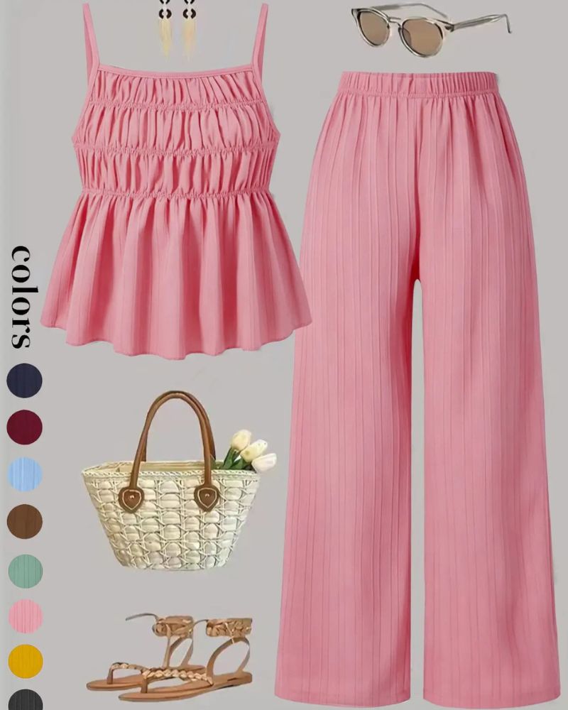 Effortless Solid-Color Cami Top & Wide-Leg Pants Two-Piece Set