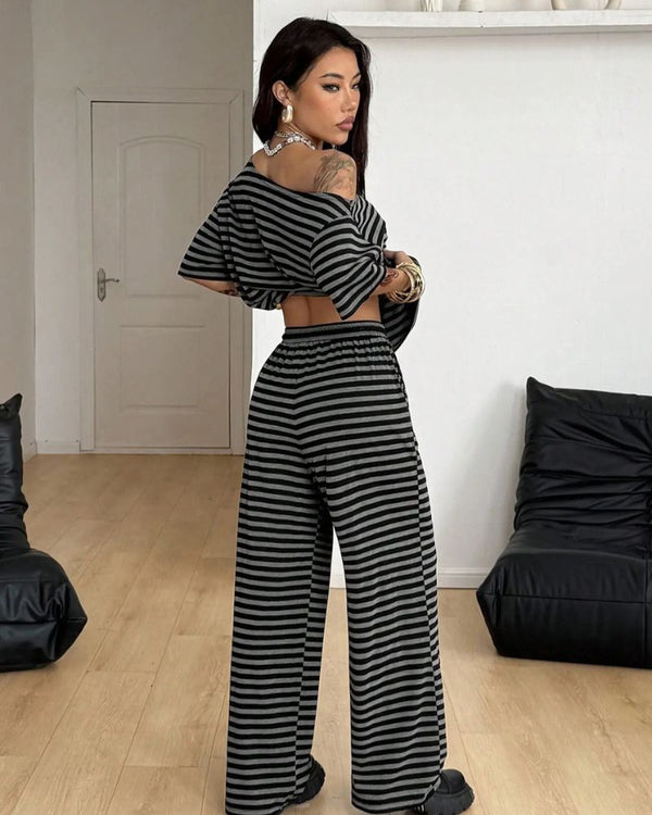Chic Striped Off-Shoulder Two-Piece Set with Wide-Leg Pants