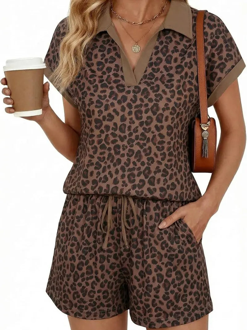 Leopard Print V-Neck Cap-Sleeve 2-Piece Lounge Set - Ultra-Soft Comfort & Effortless Style