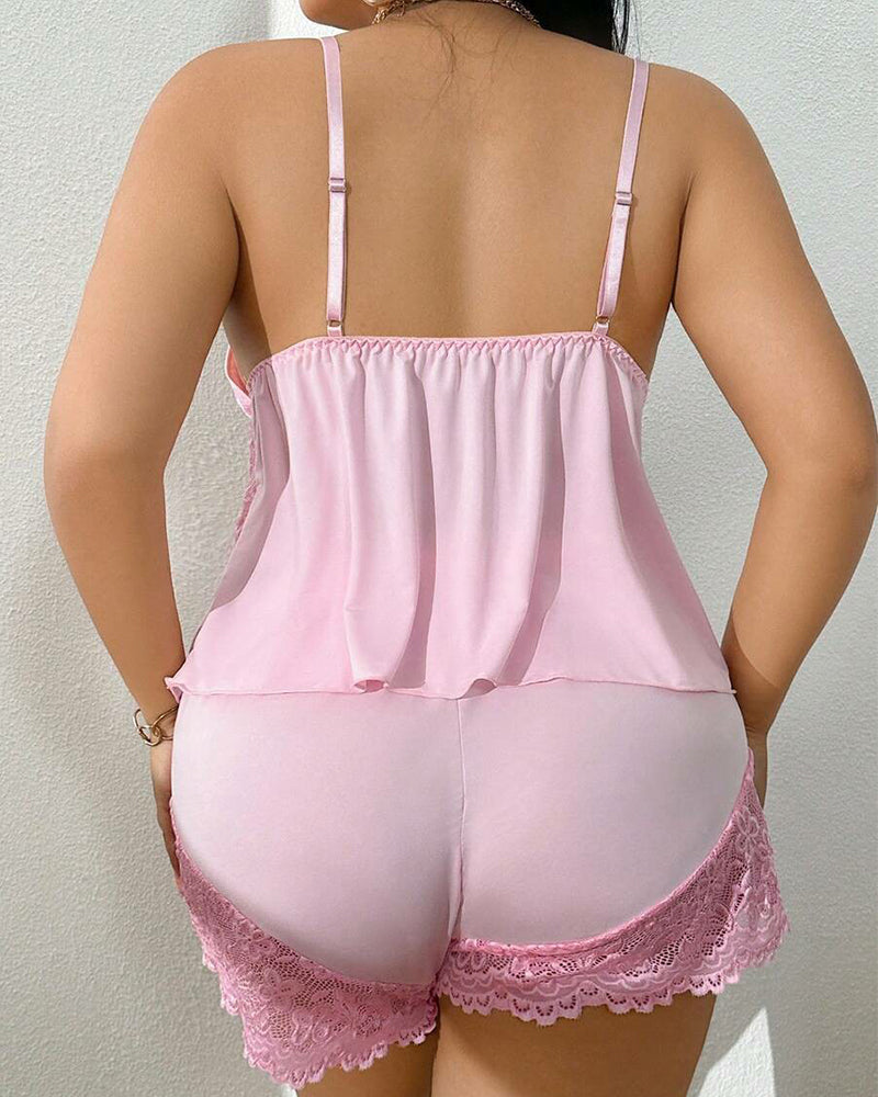 Luxurious Plus-Size Lace Satin Cami Pajama Set – Alluring 2-Piece Sleepwear for Women