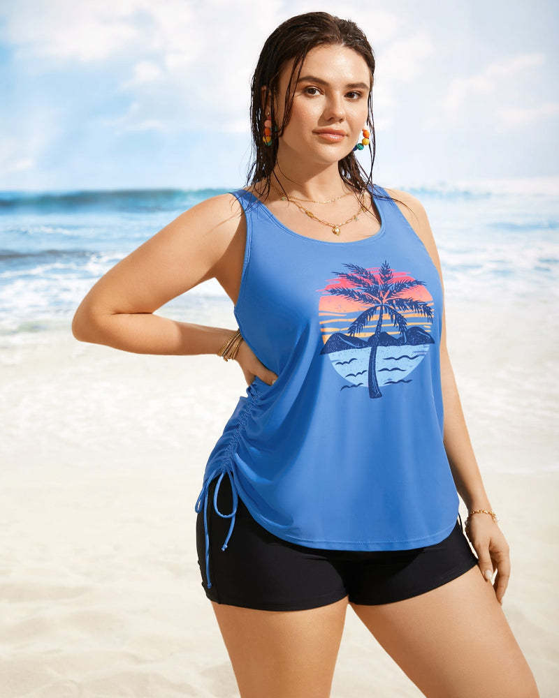 Vibrant Island-Print Adjustable Drawstring Swim Top