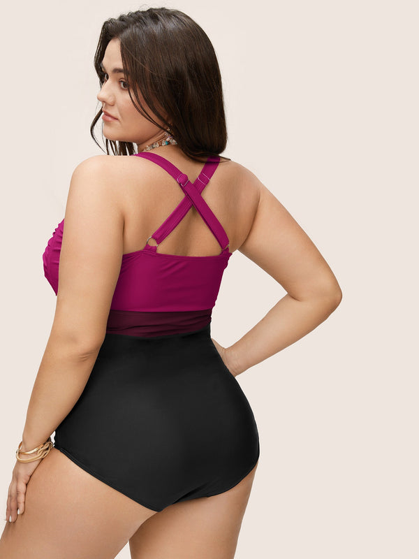 Figure-Flattering Contrast Twist-Front One-Piece Swimsuit with Tummy Control