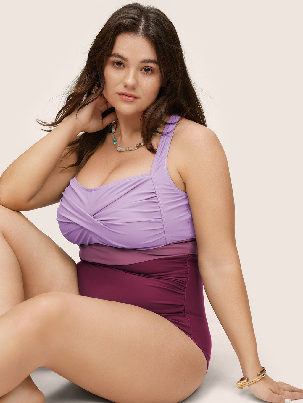 Figure-Flattering Contrast Twist-Front One-Piece Swimsuit with Tummy Control