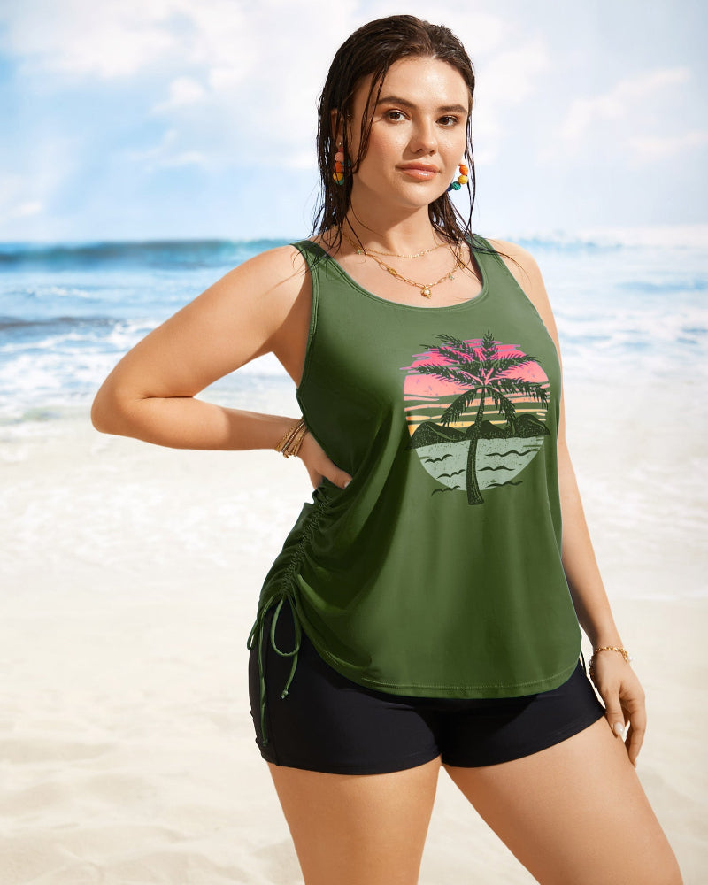 Vibrant Island-Print Adjustable Drawstring Swim Top
